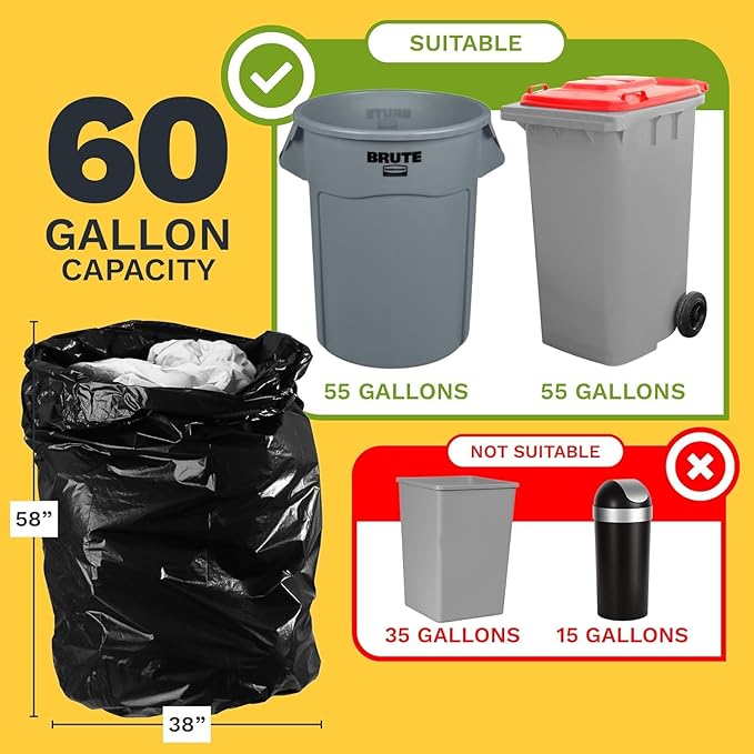ToughBag 55 Gallon Trash Bags Heavy Duty (100 Count) - 50-60 Gallon Black Garbage Bags, Large Trash Bags - 38 x 58" - Made in USA