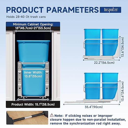 Insputer Double Pull Out Trash Can Under Cabinet with Push to Open Slides, Heavy Duty Under Sink Garbage Can Kit for Kitchen, Not Include Bin, Require 18" W X 24" D Cabinet, has Installation Video
