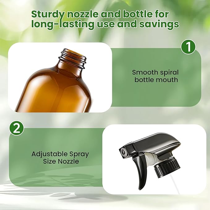 Supercenter Glass Spray Bottles, Amber Glass Spray Bottles, 16oz, Adjustable Nozzle for Stream and Spray, Reusable, for Essential Oils, Cleaning Products, Detergents(1ps)
