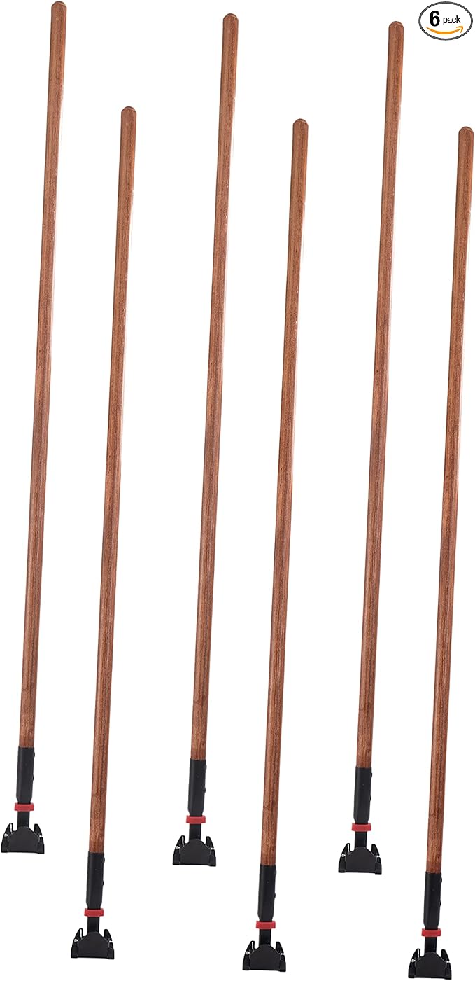 Matthew Cleaning Commercial Quick-Change Dust Mop Handle with Clip-on Metal Gripper for Heavy Duty Mop Head Replacement Holder, Lacquered Wood 60 inch 6packs-Natural