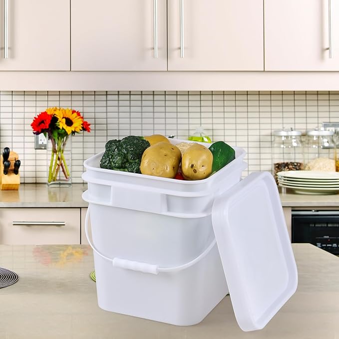 3 Gallon Plastic Square Storage Bucket, 4 Packs Food Grade Buckets with Lid, Utility Pail, White