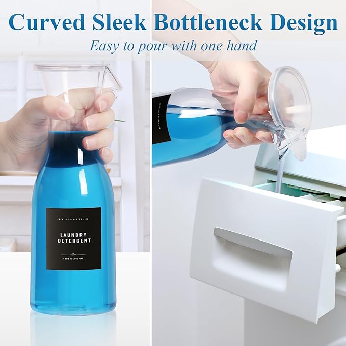 Laundry Detergent Dispenser Bottle 40oz with Waterproof Label for Detergent, Soap, Fabric Softener, Scent Booster Beads, Sturdy PET Bottle for Laundry Room Decor - 2 Pack Black