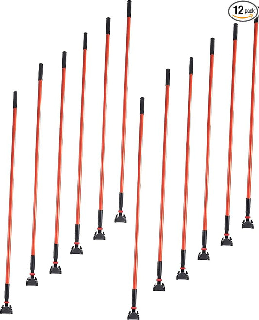 Matthew Cleaning Commercial Quick-Change Dust Mop Handle with Clip-on Metal Gripper for Heavy Duty Mop Head Replacement Holder, Fiberglass Handle 60 inch 12packs-Red