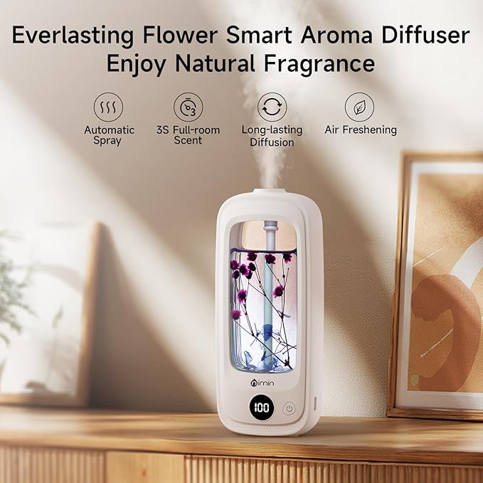 Smart Fragrance Diffuser - Luxury Air Freshener for Home with Real Flowers, 3 Essential Oil Scents, Waterless Aroma Diffuser for Large Spaces, 4 Speed Adjustable Air Diffuser for Office & Bedroom