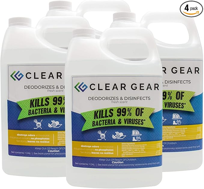 Clear Gear Gym Disinfectant Mat Cleaner, and Gym Equipment Deodorizer for Sports Equipment and Fitness Centers - EPA-Registered, Hospital Grade Disinfectant, Made in USA - (4) 1 Gallon Bottles