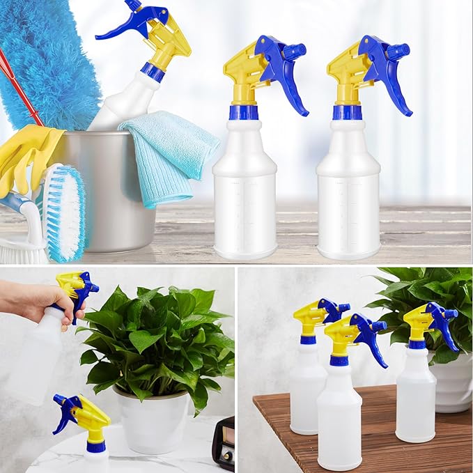 Eccliy 20 Pack 16oz Empty Spray Bottles, Leakproof Cleaning Bottles with Measurement and Adjustable Nozzle for Housekeeping, Commercial Use(Cylinder,Blue Yellow Spray Head)