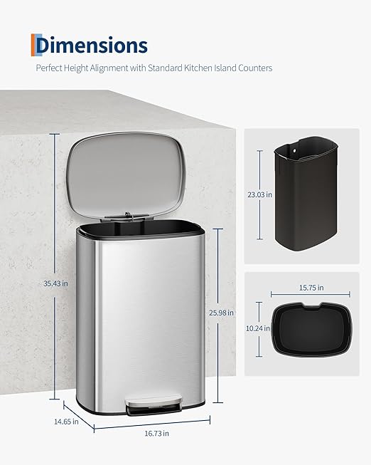 Garvee 13 Gal (50 L) and 2.6 Gal (10 L) Stainless Steel Trash Can Combo Set, Rustproof Garbage Can with Lid for Kitchen and Bathroom, Step-on Trash Bin with Inner Bucket, Rear Handle, Silver