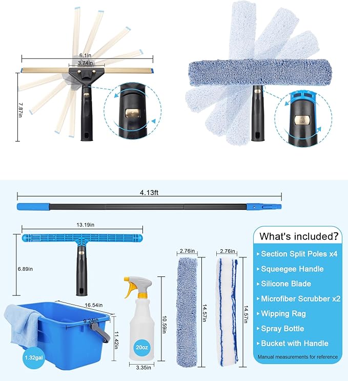 Window Cleaning Kit with Storage Bucket, Window Squeegee with 4.13ft Extension Pole, Scrubber, Spray Bottle,Duster Cloth, Squeegee with Rotating Head, Professional Window Cleaning Tools