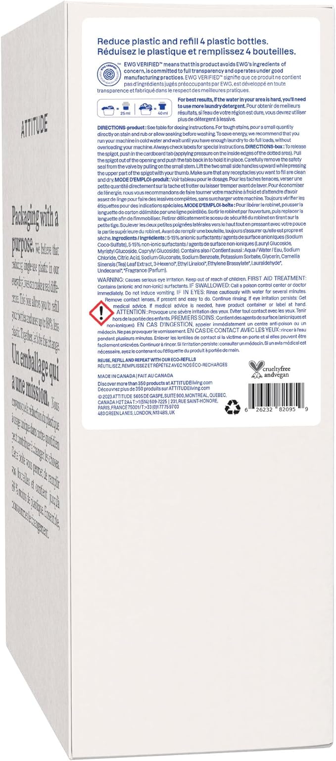 ATTITUDE Liquid Laundry Detergent Refill, EWG Verified, HE Compatible, Plant-Based & Vegan, Natural Laundry Soap, Mountain Fresh Scent, 160 Loads, 135.26 Fl Oz