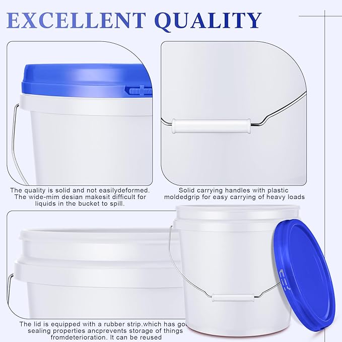 6 Pack 2 Gallon Plastic Bucket with Lid Heavy Duty Pail with Metal Handle Reusable Small Multipurpose Paint Buckets Container for Food Storage(White)