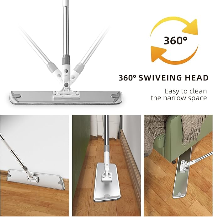 Flat Microfiber Mop for Floor Cleaning, 18 inch (17.7 in/45 cm) Aluminum Base, Adjustable Stainless Steel Handle 29.5 to 52 in, 360-Degree Swivel, Dry & Wet, 4 Washable Pads - LJGG