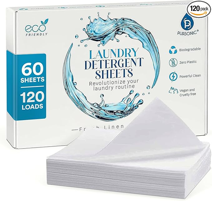 Pursonic Eco Laundry Detergent Sheets - 60 Sheet (120 Loads) Natural Zero Plastic Laundry Sheets with Powerful Cleaning Power - Travel Essentials, Quick-Dissolving & Mess-Free (Fresh Linen)