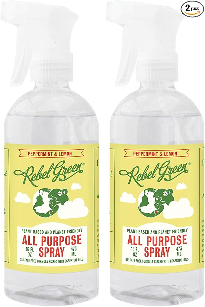 Rebel Green Natural All-Purpose Cleaning Spray - Plant-Based Multi-Surface Cleaner with Essential Oils for Kitchen, Bath, Countertops and More - Peppermint & Lemon Scent - 16 oz - 2 Pack