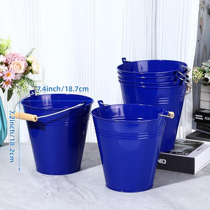 Zopeal 6 Pcs Large Metal Bucket Beer Bucket Galvanized Steel Pail with Handle for Gifts Basket Ice Candy Party(7.4 x 7.2 x 4.6 Inch,Dark Blue)