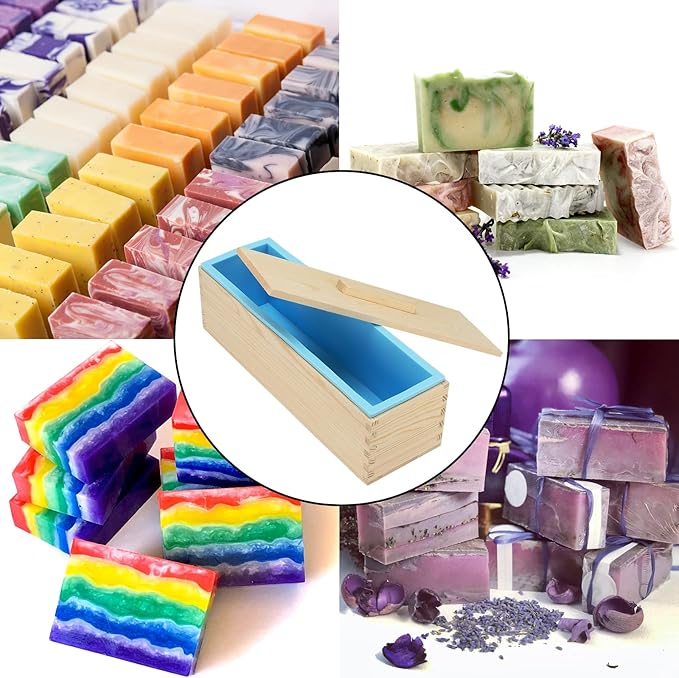 3 Set 42 oz Silicone Soap Molds, Rectangular Bar Loaf Soap Making Mold Kit with Wood Boxes and Lids, Flexible Soap Molds for Soap Making Supplies, DIY Homemade Soap, Craft, Blue