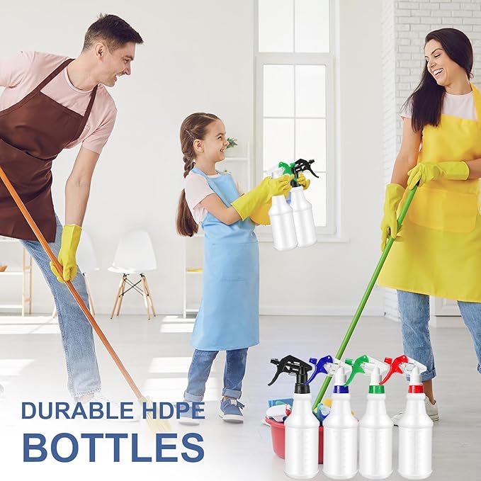 Zubebe 24 Pack 32 oz Plastic Spray Bottle Bulk Empty Leakproof Heavy Duty Spray Bottles for Cleaning Supplies Mist Bottles with Label and Adjustable Nozzle for Plant(Multicolor B,Clear Scale)