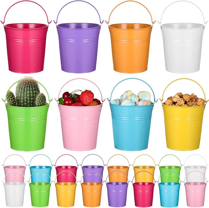 Therwen 24 Pieces Small Metal Buckets Colored Galvanized Bucket Round Metal Pail for Kids Classroom Candy Crafts,Utensils, Vase Party Favor(with Handle,5.71 Inch)