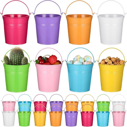 Therwen 24 Pieces Small Metal Buckets Colored Galvanized Bucket Round Metal Pail for Kids Classroom Candy Crafts,Utensils, Vase Party Favor(with Handle,4.13 Inch)