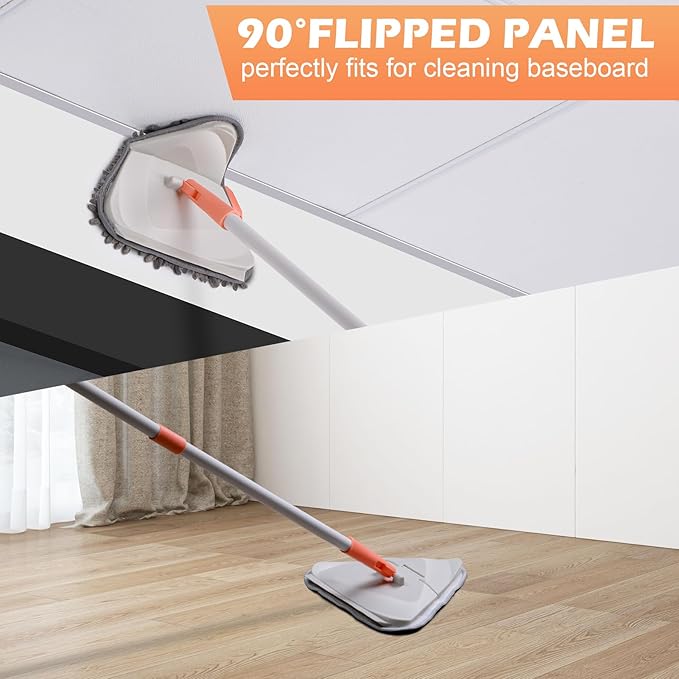 Wall Cleaner Triangle Mop with 82'' Long Handle - Wall Scrubber, Cleaning Washer Tool with 4 Microfiber Chenille Duster Pads for Clean Walls, Ceiling, Windows, Baseboards, Floors (Gray)