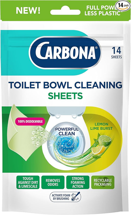 Carbona Toilet Bowl Sheets – Lemon Lime Scent – Powerful Foaming Toilet Bowl Cleaner – 14 Sheets – Less Plastic Waste