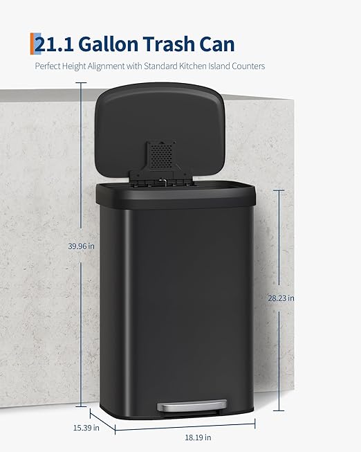 Garvee 21 Gallon / 80 Liter Metal Trash Can with Lid, Large Garbage Can for Kitchen, Rustproof Step-on Kitchen Metal Trash Bin with Liner Rim, Rear Handle, Soft Close Plastic Lid, Black