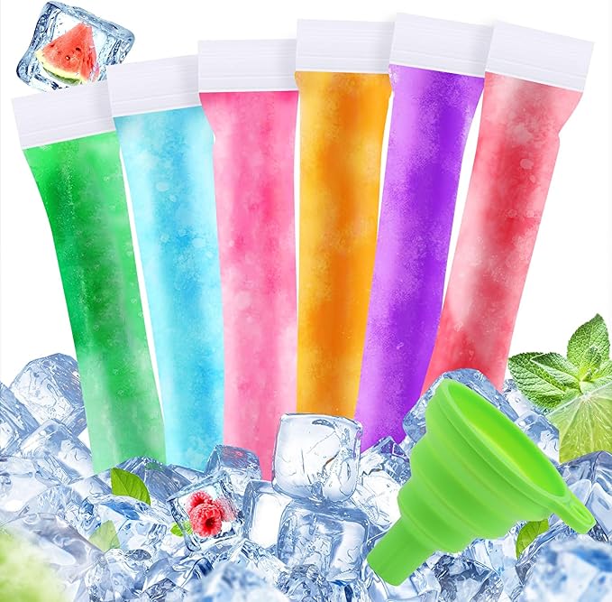 LOMIMOS 160PCS Disposable Popsicle Bags with Funnel,BPA Free Ice Pop Molds Double Zipper Freezer Tubes Reusable Ice Candy Sticks for DIY Yogurt Juice Smoothies(1.96"x7.87") – Family & Party Snacks