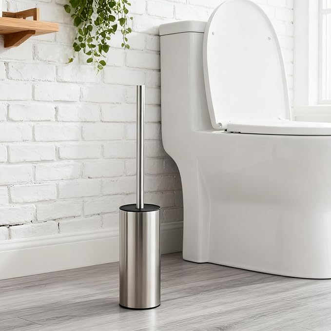 Toilet Brush and Holder Set, NEWRAIN Stainless Steel Toilet Brush with Long Brush Handle, Brushed Nickel Toilet Scrubber and Covered Holder, Round Design Sturdy and Space Saving, Covered Brush