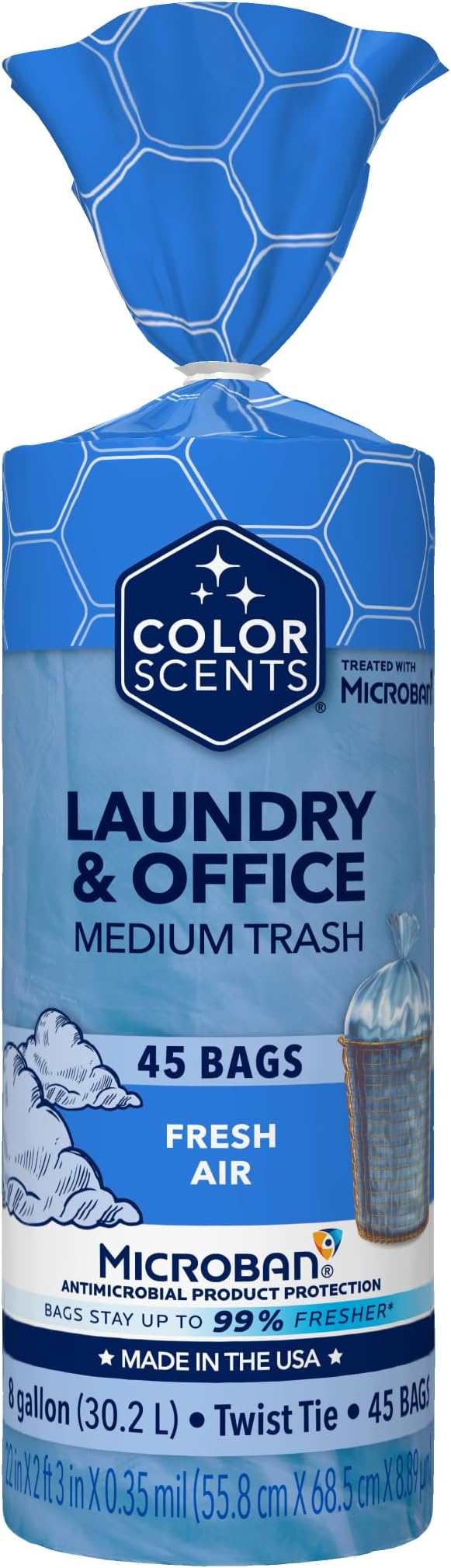 Color Scents Medium Trash Bags - 8 Gallon, 45 Bags (1 Pack of 45 Bags) Twist Tie - Blue in Fresh Air Scent with Microban