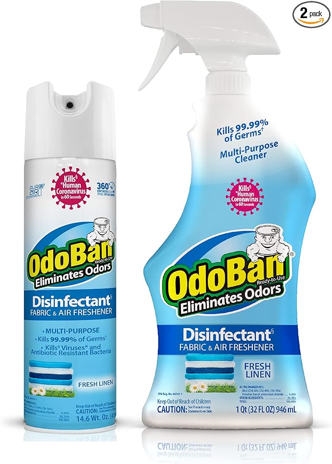 OdoBan Ready-to-Use Disinfectant and Harsh Aroma Eliminator, Cleaner and Fabric/Air Freshener, Set of 2, 14.6 Ounce 360-Degree Continuous Spray and 32 Ounce Trigger Spray, Fresh Linen Scent
