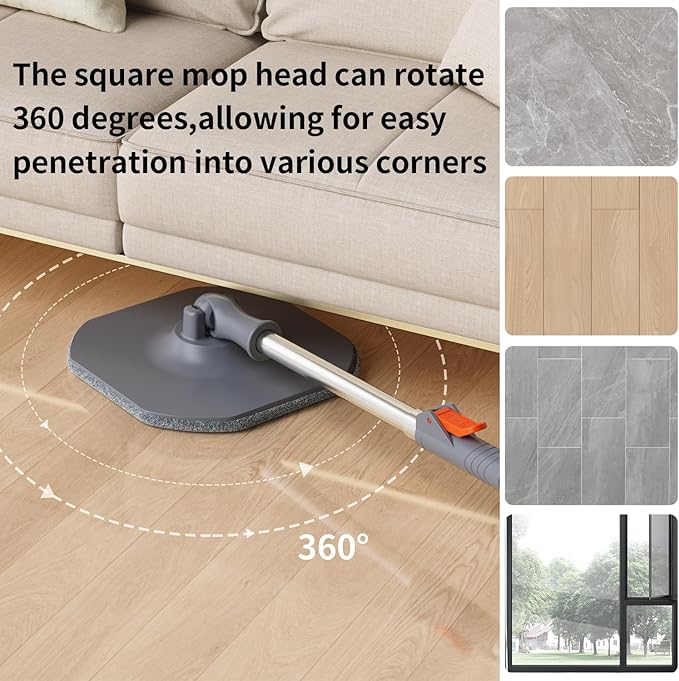 Spin Mop and Bucket Set with Separate Dirty and Clean Water,360° Self Cleaning Mop and Bucket System with Widened Foldable Handle,2 Replaceable Mop Pads,Square Mops for Floor Tile Marble Wall Cleaning