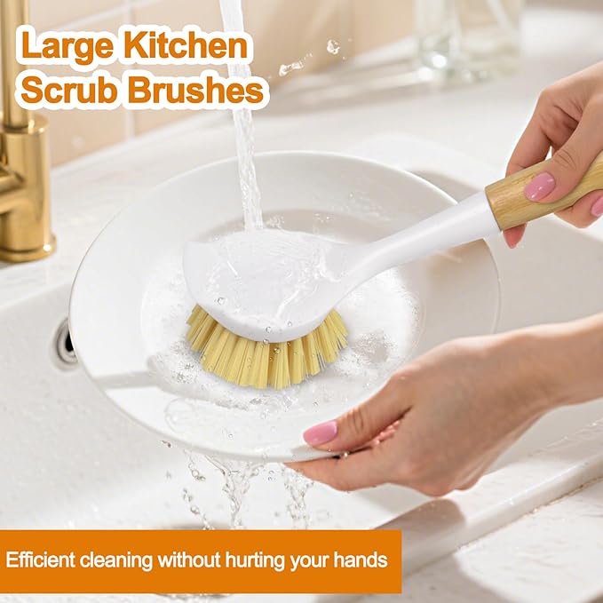 Dish Brush, Large Scrub Brush with Bamboo Handle Kitchen Brushes Built-in Scraper for Cleaning Pot, Sink, Stove Skillet, Pans and Grill Pan - 2 Pack