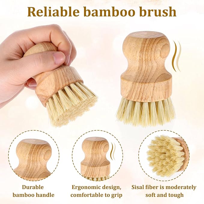 6 Packs Bamboo Dish Scrub Brushes Wok Brush Dish Scrubber Brush Kitchen Dishwashing Scrubber with Natural Bristles Bamboo Scrub Brush for Cleaning Pans, Pots, Sink