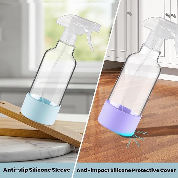 Glass Spray Bottles with Silicone Sleeve, 2 Pack 16.9oz Refillable Containers with Adjustable Spray Nozzles, Empty Spray Bottle for Cleaning Solutions, Hair, Plants (Light Blue+Purple)