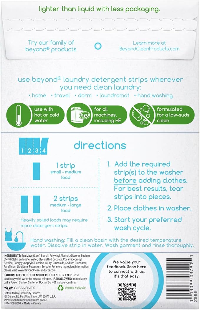Beyond Laundry Detergent Strips [32 strips] - Free & Clear - Eco-friendly, Hypoallergenic. Travel friendly. Dissolvable Strips.