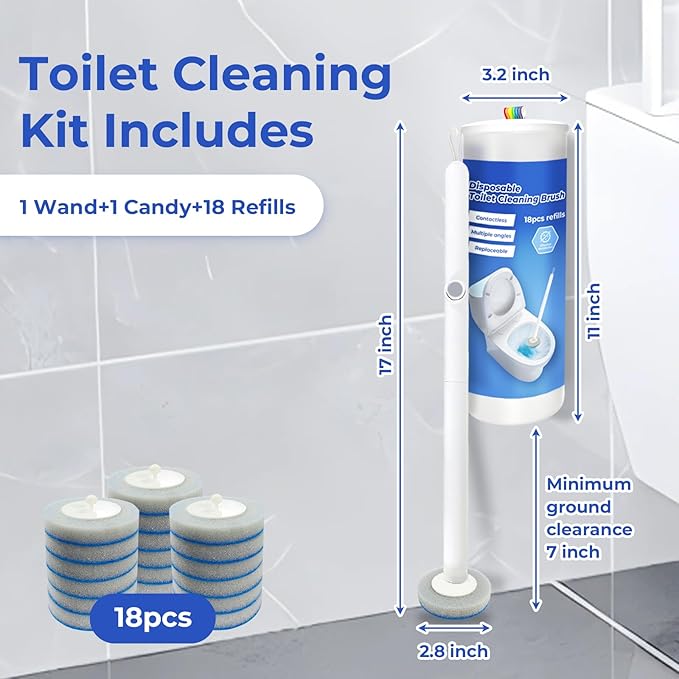 Disposable Toilet Bowl Cleaning System Kit - Includes Wand Handle, Storage Caddy & 18 Refill Heads - Quick, Hygienic Bathroom Clean - Essential for Home, Apartment, Dorm Room & Guest Bath