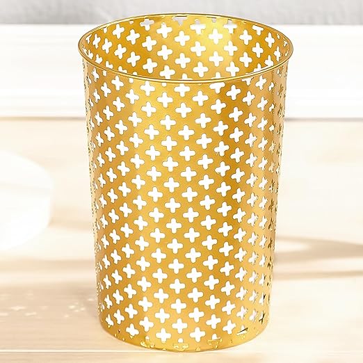 Metal Gold Trash Can, 7.28" D x 10" H Modern Cylindrical Gold Garbage Can, Durable Metal Waste Basket for Office Bathroom & Small Spaces