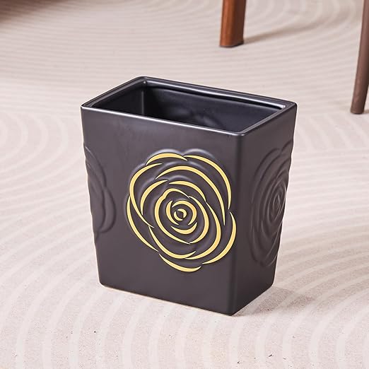 Black Ceramic Trash Can with Gold Rose – 2.5 Gallon Small Bathroom & Kitchen Garbage Bin, Decorative Waste Basket for Bedroom, Office, Hotel – Elegant Floral Design, Heavy Duty (9 Liter, Gift Idea)