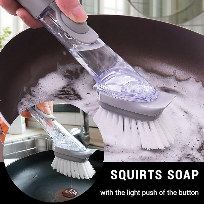 Soap Dispensing Dish Scrubber Brush for Kitchen Sink with 2 Pcs Sponge Refills