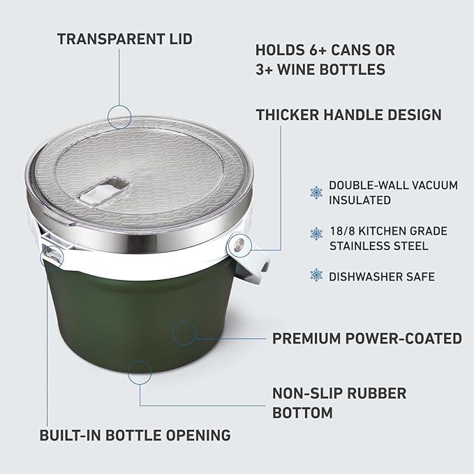 COKTIK 7L Vacuum Insulated Ice Bucket with Lid，Large Capacity Stainless Steel Beverage Bucket for Cocktail, Champagne, Wine, Beer，Large Parties（Army Green）