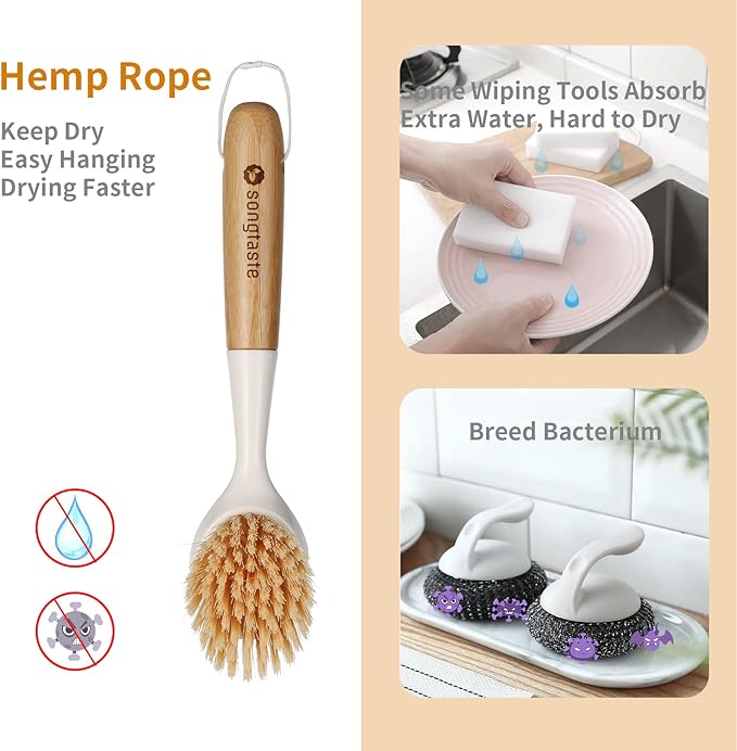 2 Pack Kitchen Dish Brush Bamboo Handle Dish Scrubber Built-in Scraper, Scrub Brush for Pans, Pots, Kitchen Sink Cleaning, Dishwashing and Cleaning Brushes are Perfect Cleaning Tools, White