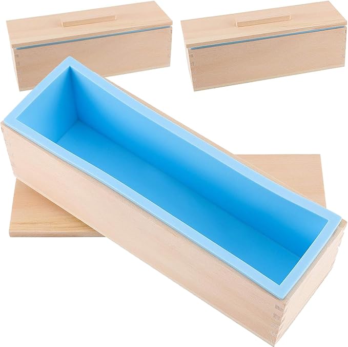 3 Set 45 Oz Blue Silicone Soap Molds Loaf, Flexible Rectangular Soap Making Molds with Wood Box Wooden Covers, Soap Molds for Soap Making