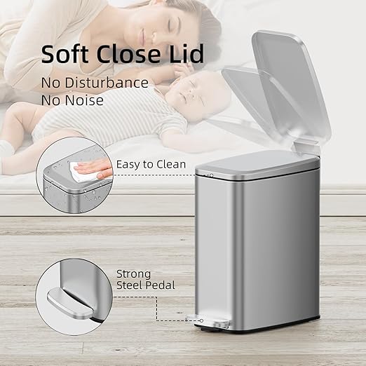 KUK Slim Bathroom Trash Can with Lid, 1.6 Gal / 6L Stainless Steel Small Garbage Bin with Detachable Inner Bucket, Step Pedal, Silent Close, Wastebasket for Toilet, Bedroom, Home, Office (Silver)