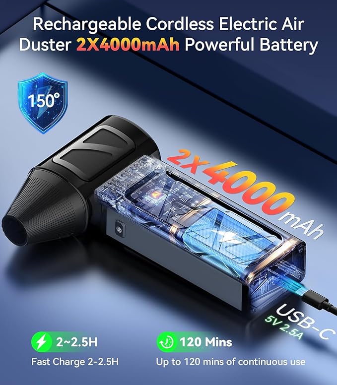 Compressed Air Duster, 360000 RPM Electric Air Duster, Rechargeable Cordless Air Blower Power Turbo Fan,5 Gears Adjustable Jet Dry Blower Replace Air Can for Keyboard Computer Car Outdoor Home