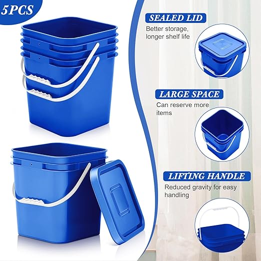 Mumufy 5 Pcs 3.5 Gallon Square Food Grade Bucket with Lid Square Bucket Pail with Plastic Handles for Storing Dry Food, Charcoal, Camping, Fishing (Blue)