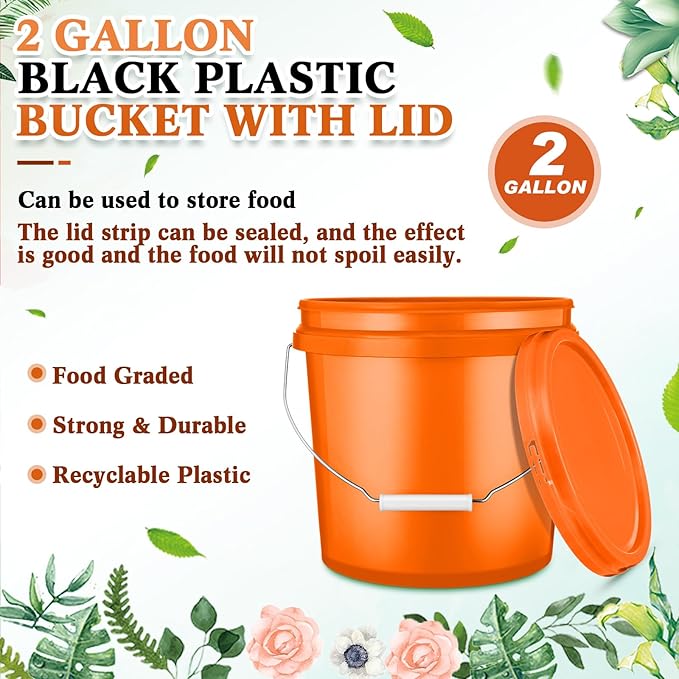 6 Pack 2 Gallon Plastic Bucket with Lid Heavy Duty Pail with Metal Handle Reusable Small Multipurpose Paint Buckets Container for Food Storage(Orange)