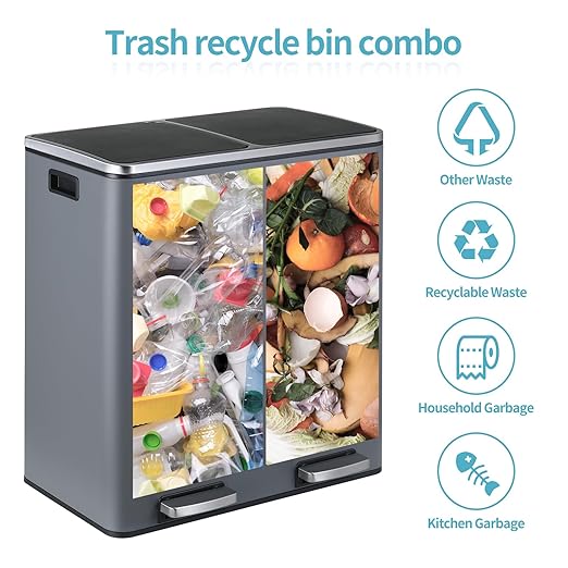 16 Gallon Rectangular Stainless Steel Trash Can, Dual Compartment Garbage Bin with Recycling Combo, Metal Dustbin Lid, Removable Liner, Indoor Hands Free Waste Bucket for Kitchen Home