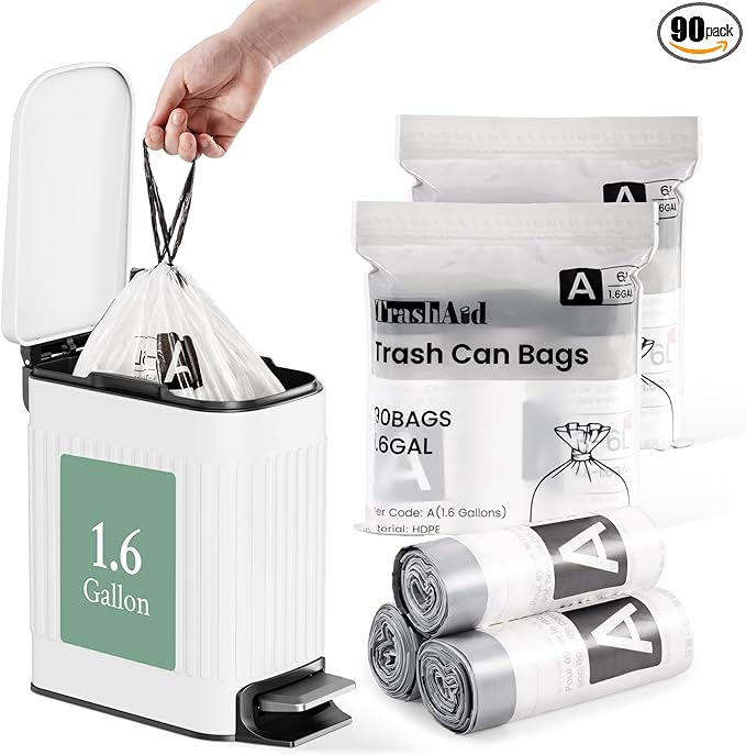 TrashAid 1.6 Gallon Small Trash Bags, 90pcs Mini Bathroom Garbage Bags, 6 Liter Waste Basket Liners for Bathroom, Office, Fit 0.8-1.6 Gal, White, Code A