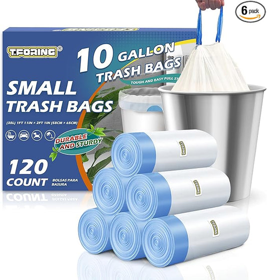 10 Gallon Trash Bags with Drawstring - 120 Count Heavy Duty 1.2 Mil Garbage Bags 38 Liter Unscented White Kitchen Bin Liners for Home & Office