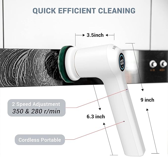 AIRSEE Cordless Electric Spin Scrubber, Handheld Power Shower Cleaner Brush, 2 speeds, 6 Replaceable Brush Heads for Cleaning Floor, Window, Bathroom, Kitchen, for Elderly & Busy Family