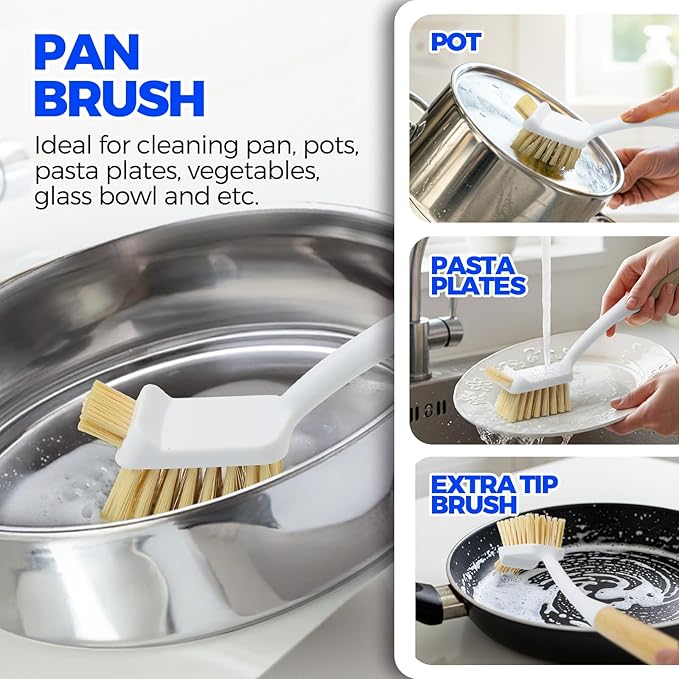 Holikme 6 Pack Dish Brush Set with Bottle Brush, Dish Scrub Brush, Pan Brush and 3 Straw Brushes, Deep Cleaning Handle Brush with Scraper Tip for Kitchen Sink Dishes Bottle Cup Pot and Pans (Yellow)